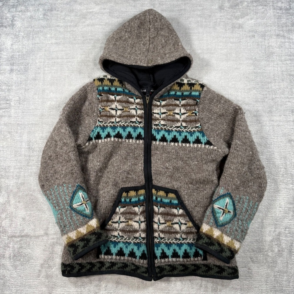 Lost Horizons Sweater Women Medium Gray Wool Full Zip Teal Fair Isle Handcrafted